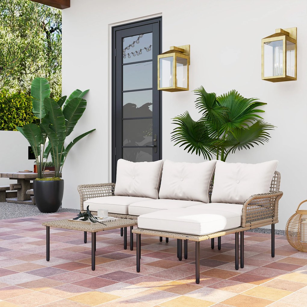 Conjunto de Jardim em Vime Sintético Conjunto de Móveis de Exterior com Sofá de 4 Módulos 1 Mesa de Centro e Almofadas Creme