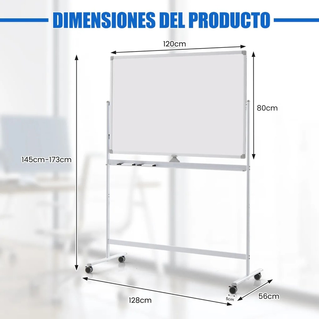 Quadro branco magnético dupla face com suporte de rotação 360° para escola, casa e mesa 56 x 128 x 145-173 cm branco