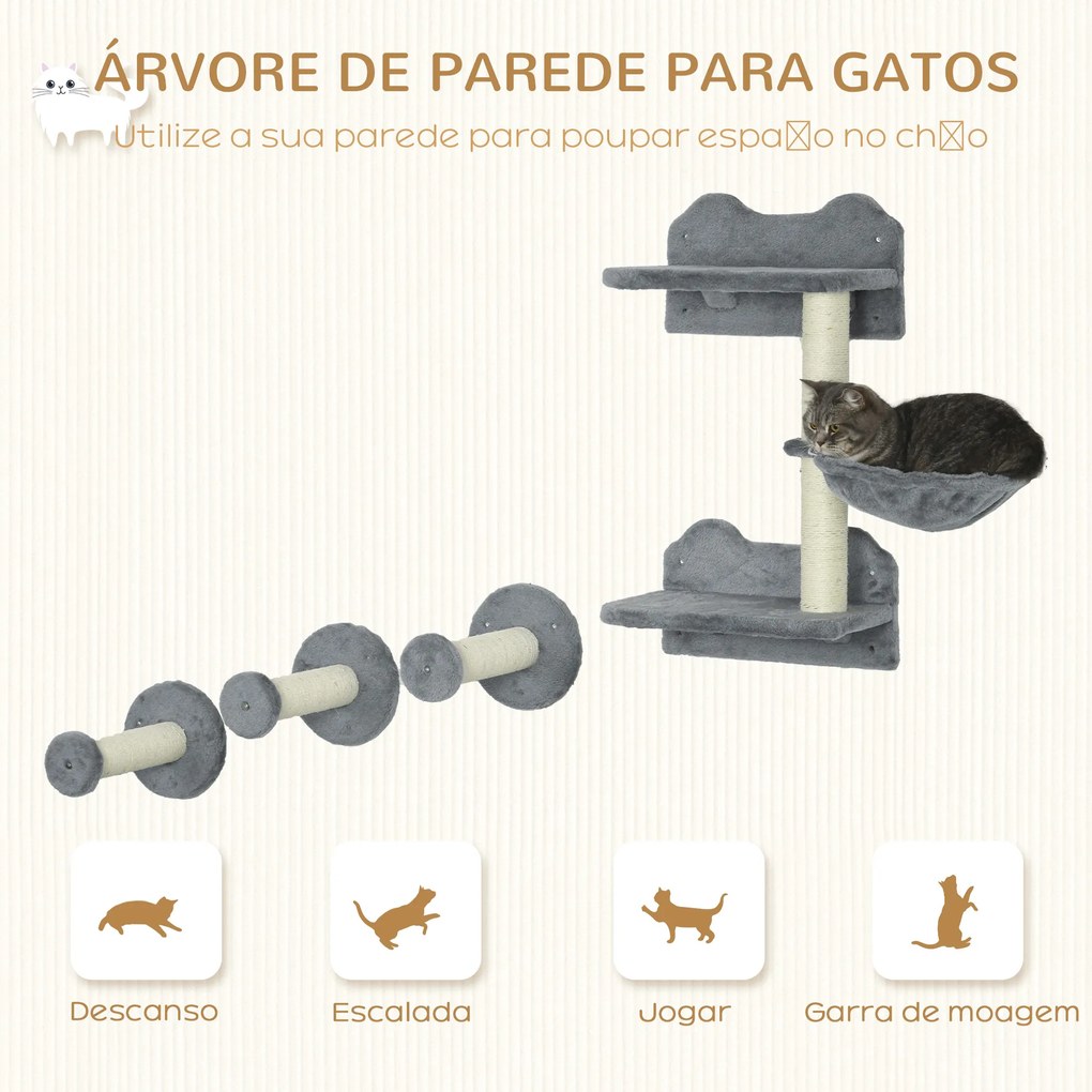 Conjunto de Prateleiras de Parede para Gatos de 4 Peças com 3 Postes de Sisal Rede e 1 Plataforma para Saltar de 3 Níveis Cinza