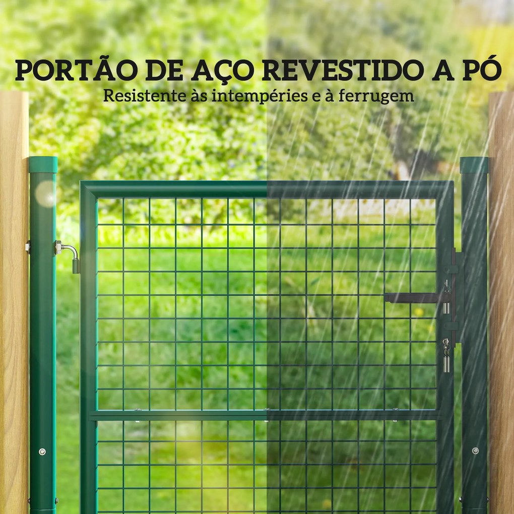 Portão de Jardim 97x150 cm para Vedação de Barra de Aço com Puxador Fechadura e 3 Chaves para Exterior Pátio Verde