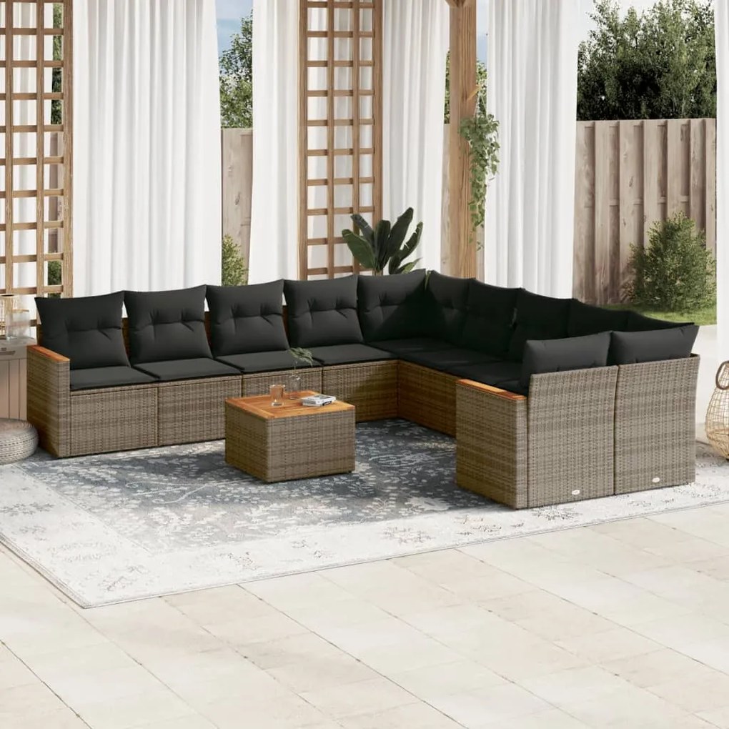 11 pcs conjunto sofás de jardim c/ almofadões vime PE cinzento