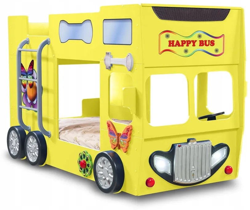 Cama para criança Beliche Autocarro 207 x 116 x 150 cm com Luzes LED 2 colchões e estrados incluídos, capacidade de 100 kg Amarelo