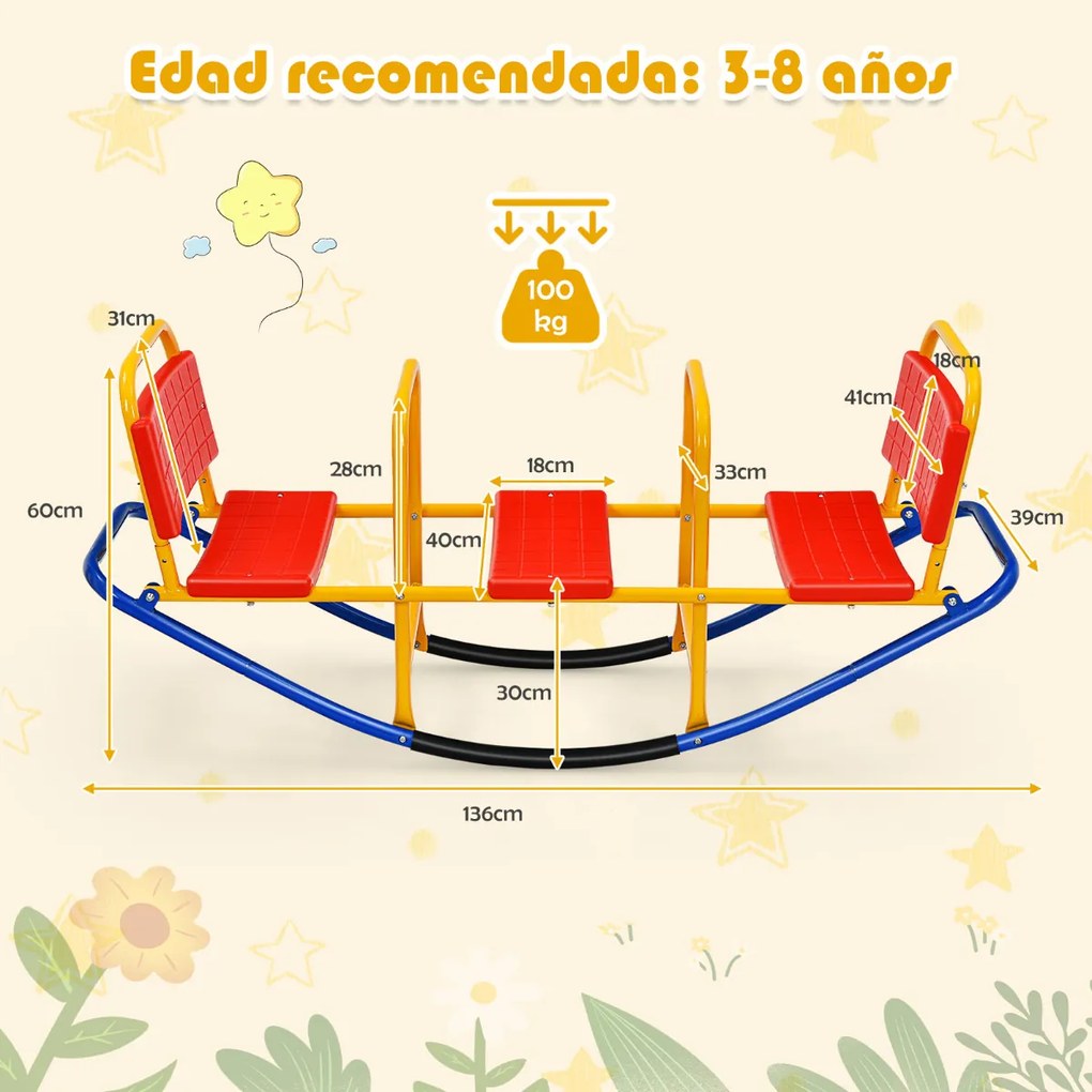 Baloiço metálico para crianças dos 3 aos 8 anos com 3 lugares para utilização no interior e no exterior 136 x 39 x 60 cm Multicolorido