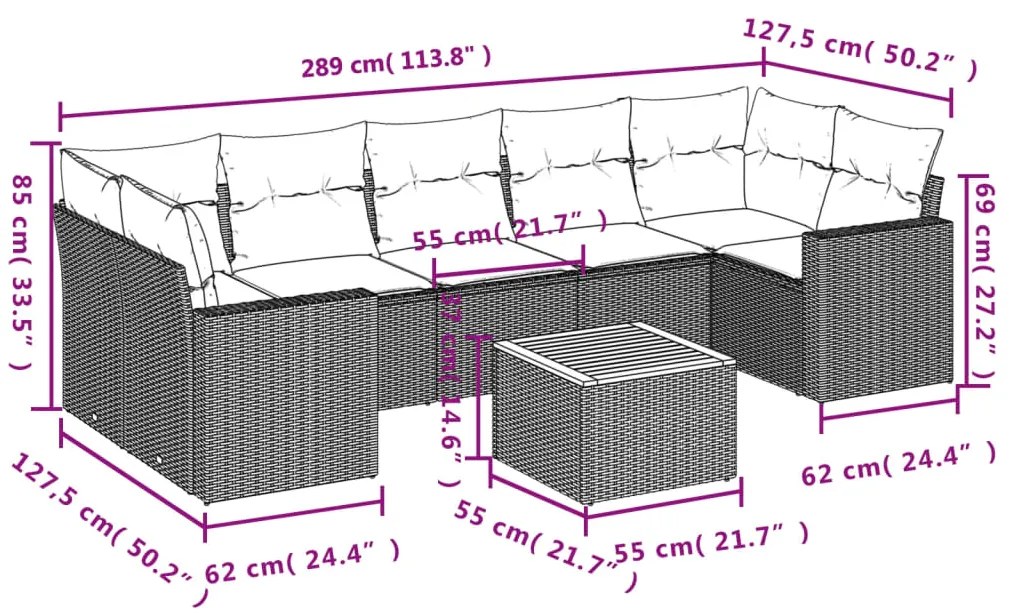 8 pcs conjunto sofás de jardim com almofadões vime PE preto