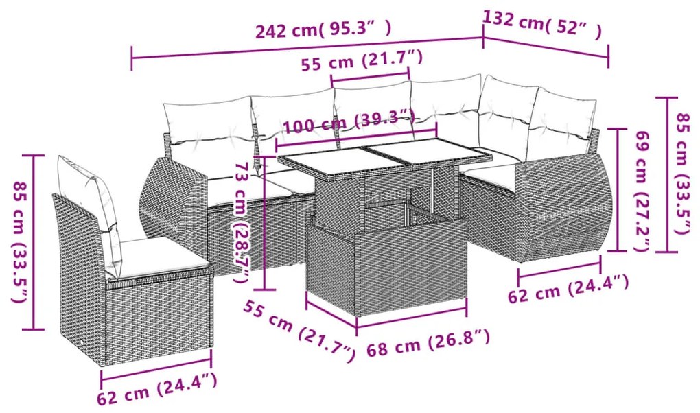 7 pcs conjunto de sofás p/ jardim com almofadões vime PE bege