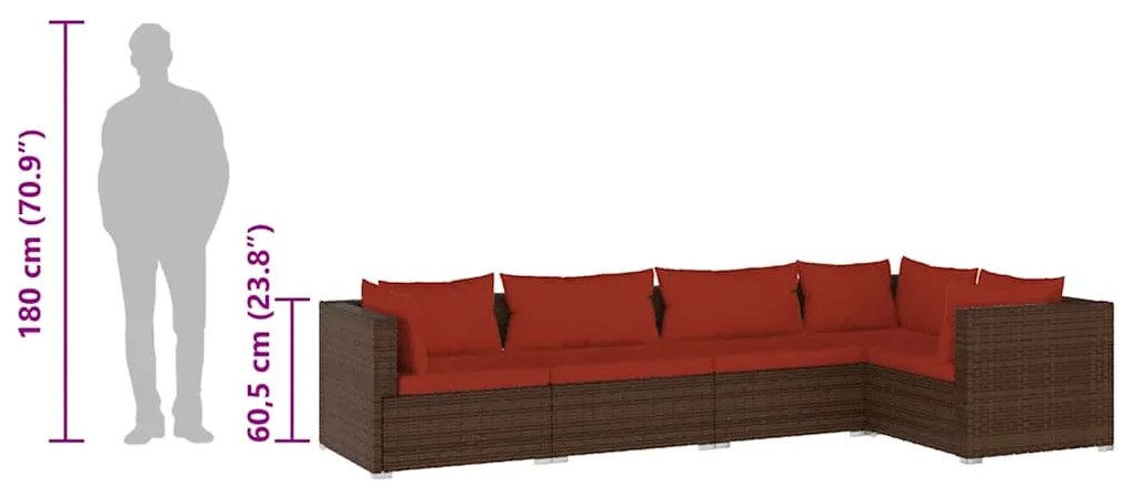5 pcs conjunto lounge jardim c/ almofadões vime PE castanho