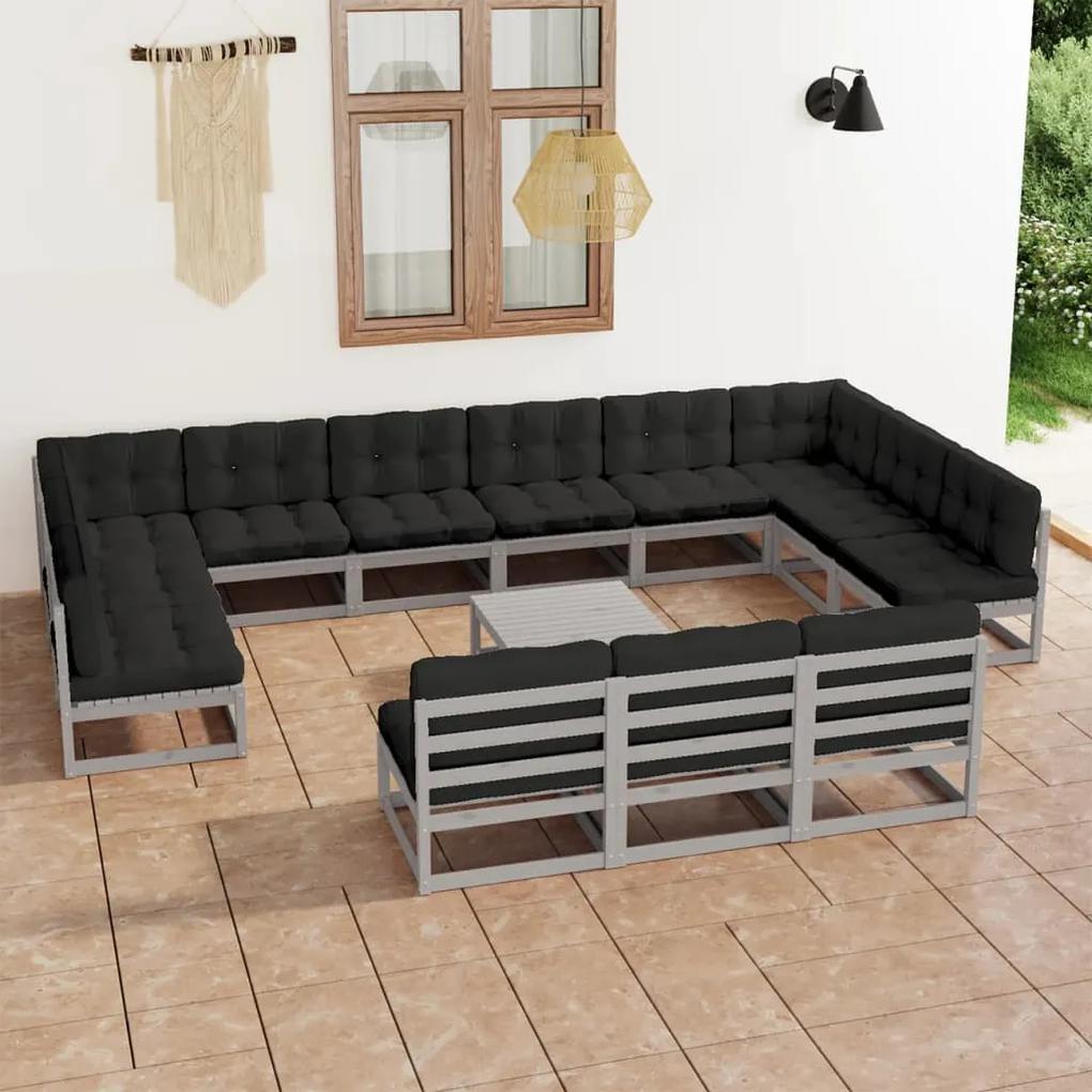 14pcs conjunto lounge de jardim + almofadões pinho maciço cinza