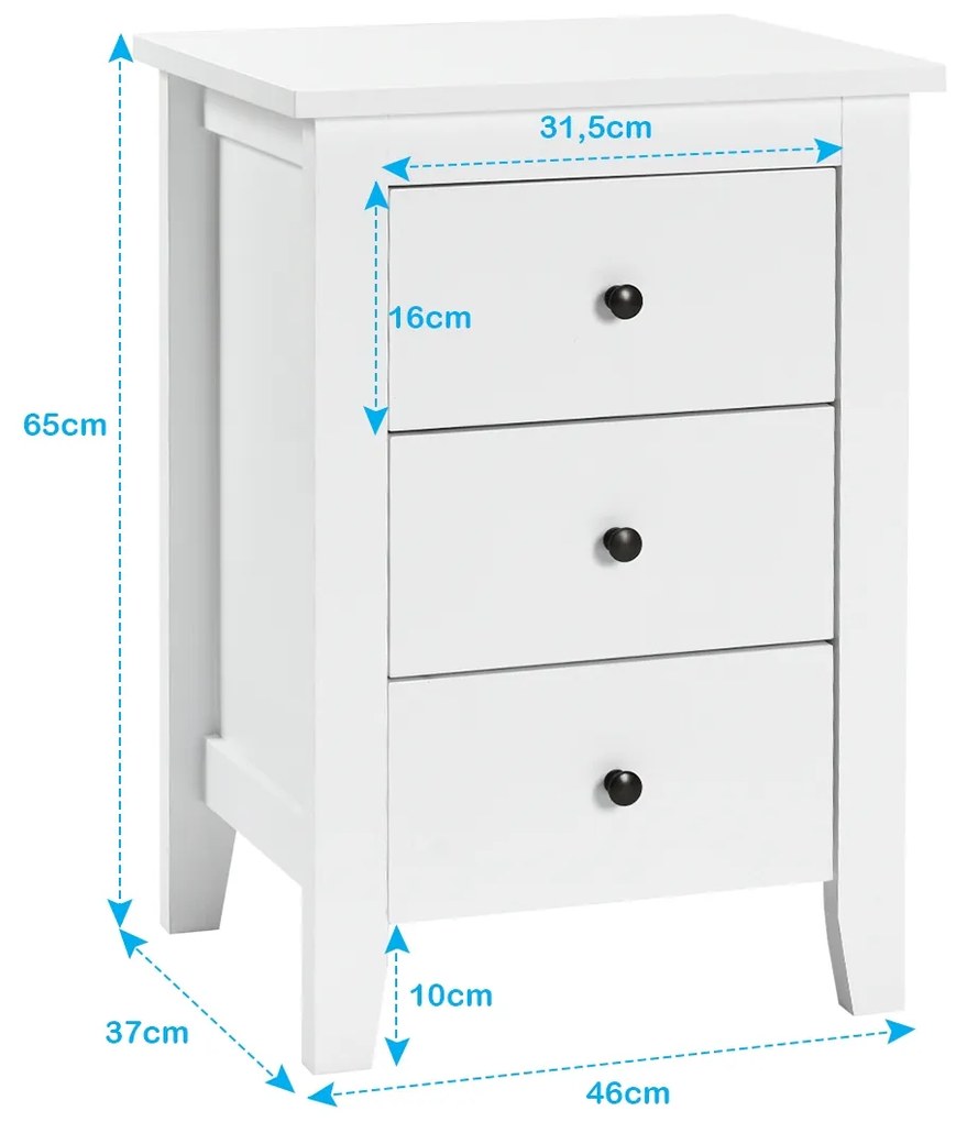 Mesa de cabeceira com 3 gavetas com Estrutura Resistente para Sala e Quarto 46 x 37 x 65 cm Branco