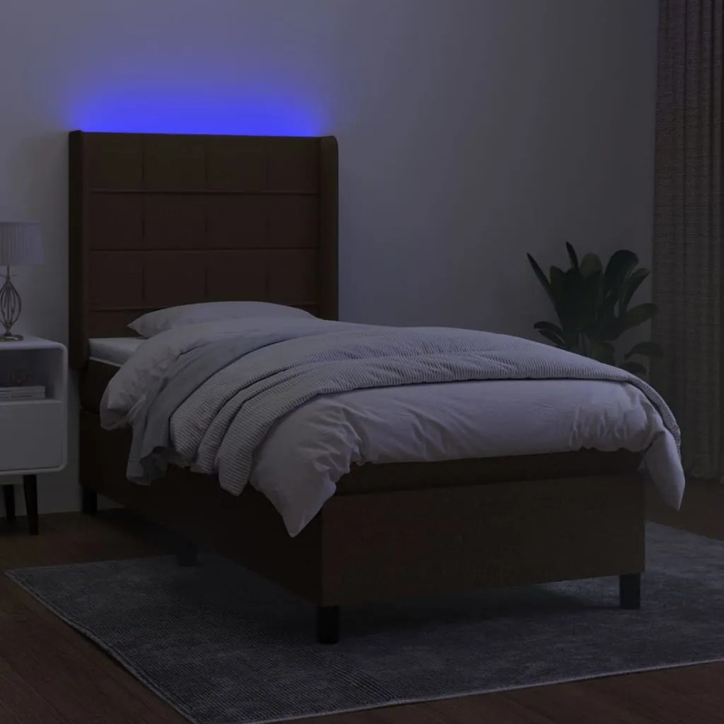 Cama box spring c/ colchão/LED 100x200cm tecido castanho-escuro