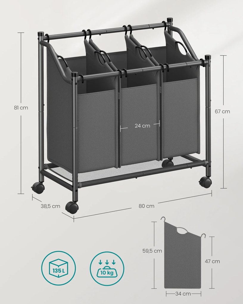 Cesto para roupa suja com Rodas 3 x 45 L cinzento ardósia