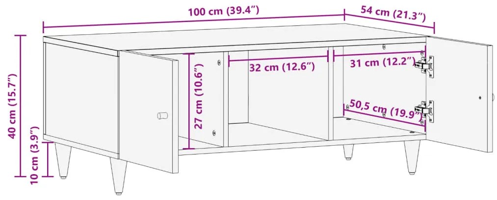 Mesa de centro 100x54x40 cm madeira de mangueira maciça