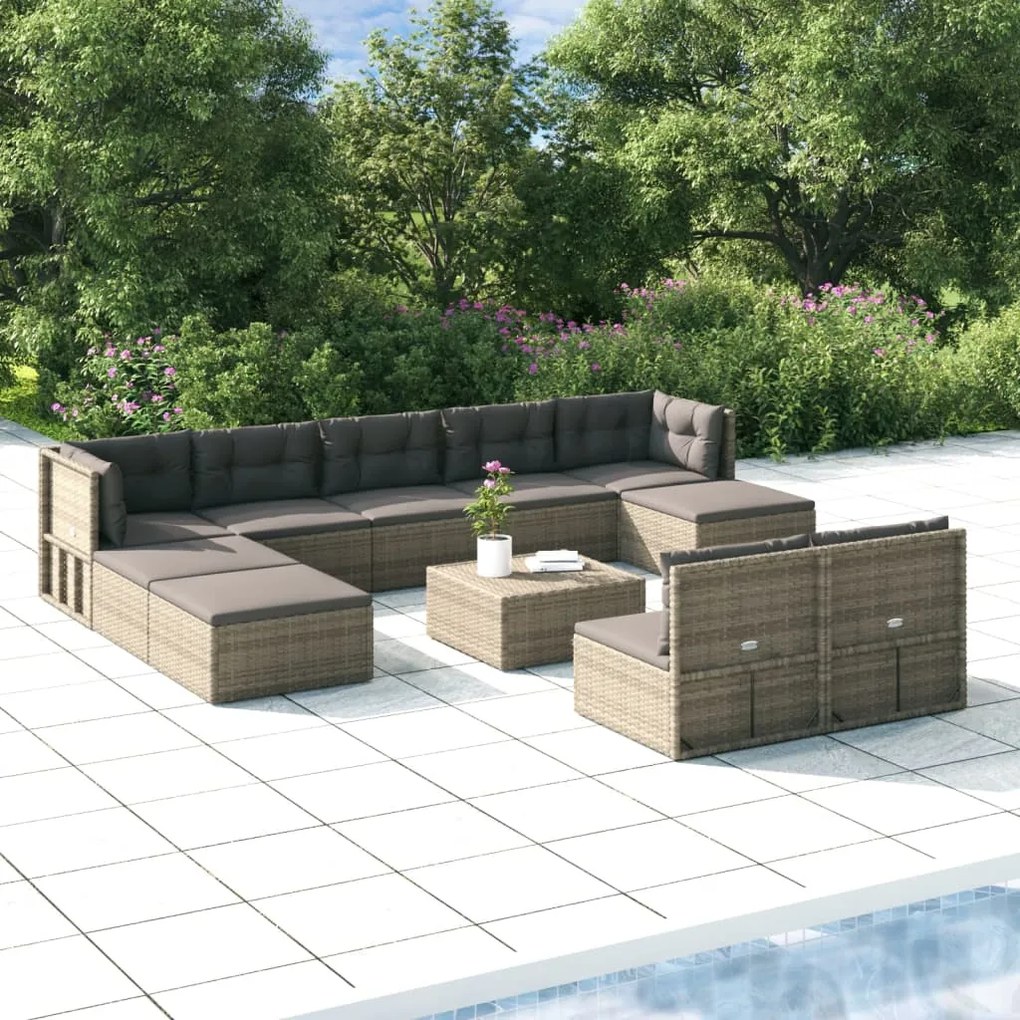vidaXL 10 pcs conjunto lounge de jardim c/ almofadões vime PE cinzento