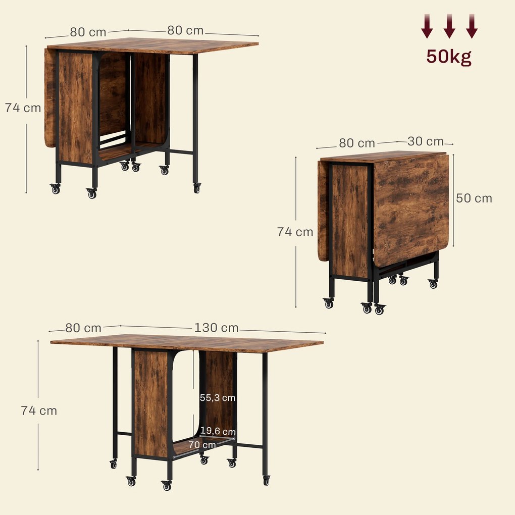 Mesa de cozinha dobrável e extensível para sala de jantar 130 x 80 x 74 cm (CADEIRAS NÃO INCLUIDAS), com Rodas, para até 6 pessoas, prateleira integra