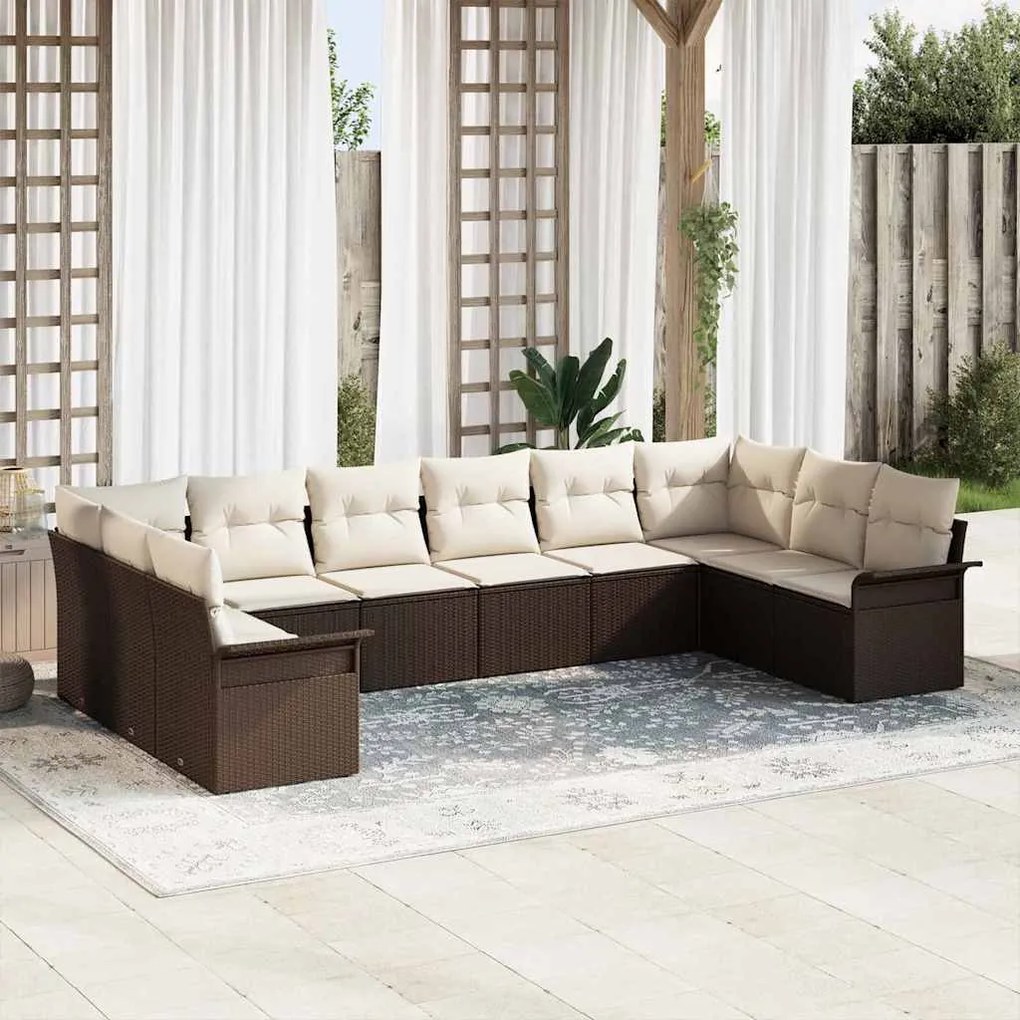 vidaXL Sofá de Jardim com 10 Peças e Almofadas Marrom em Rattan Sintético