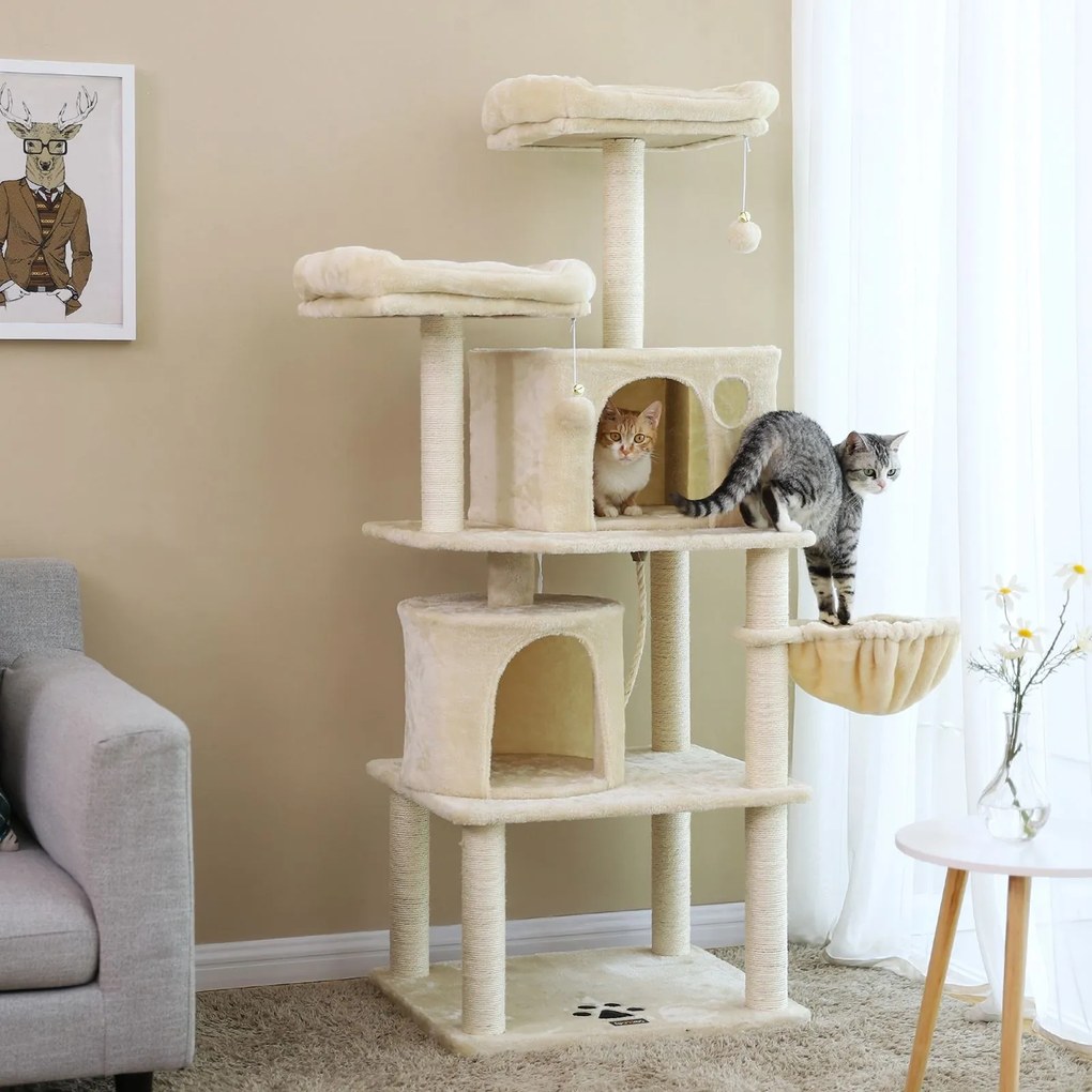 Arranhador gatos 2 cavernas 55 x 45 x 152 cm bege