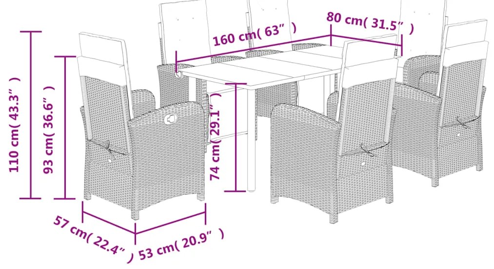 7 pcs conjunto de jantar p/ jardim com almofadões vime PE bege