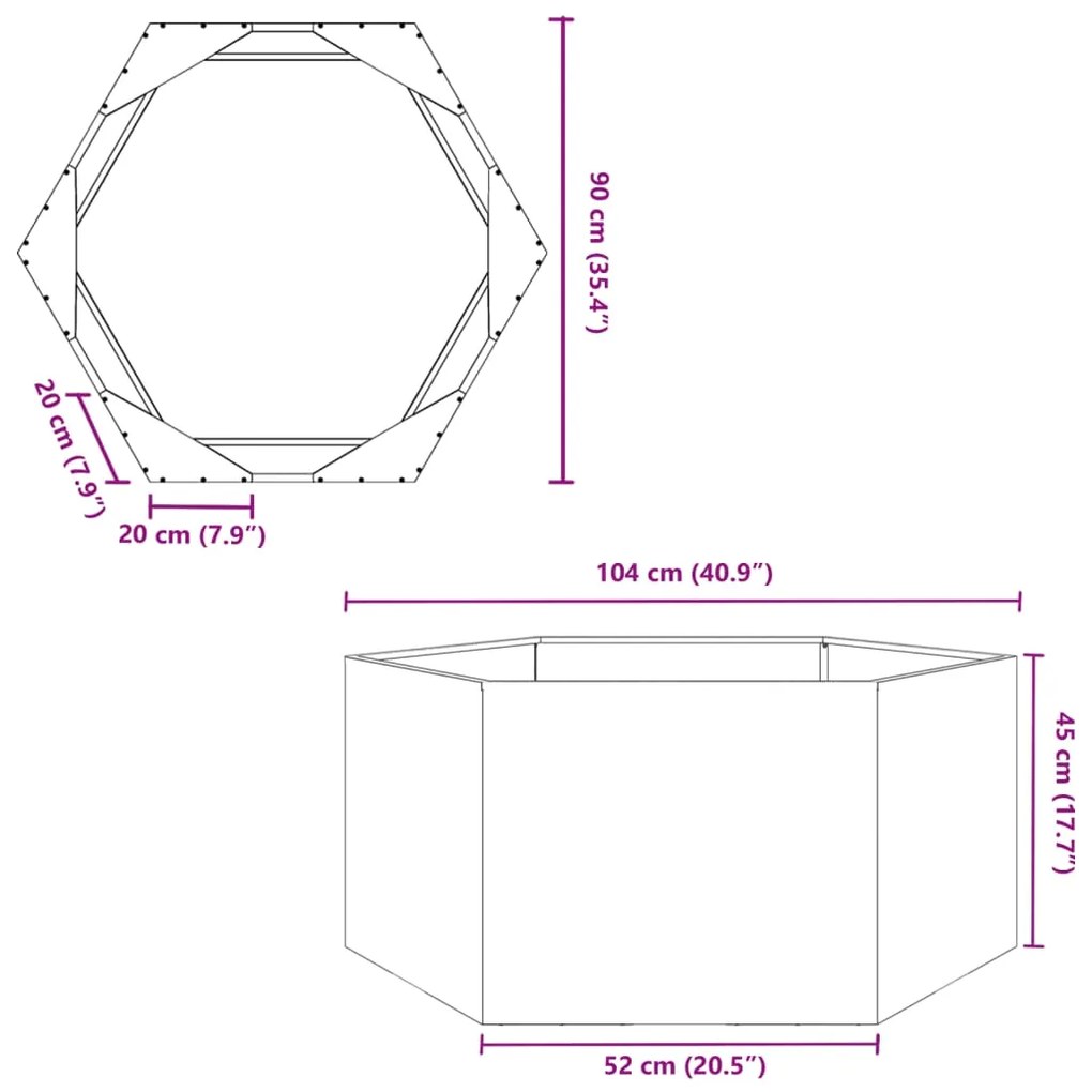 Vaso/floreira de jardim hexagonal 104x90x45 cm aço inoxidável