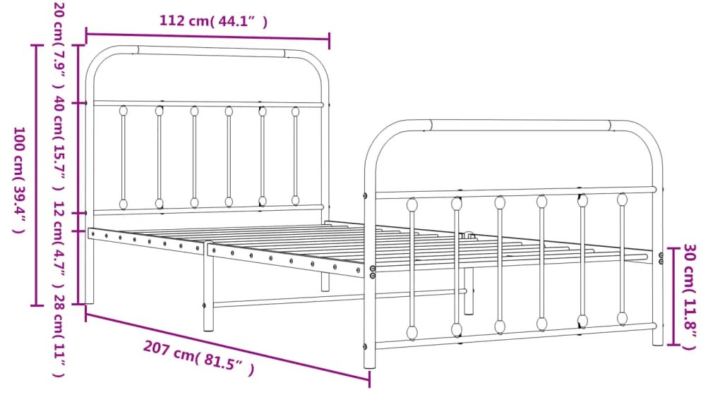 Estrutura de cama com cabeceira e pés 107x203 cm metal preto