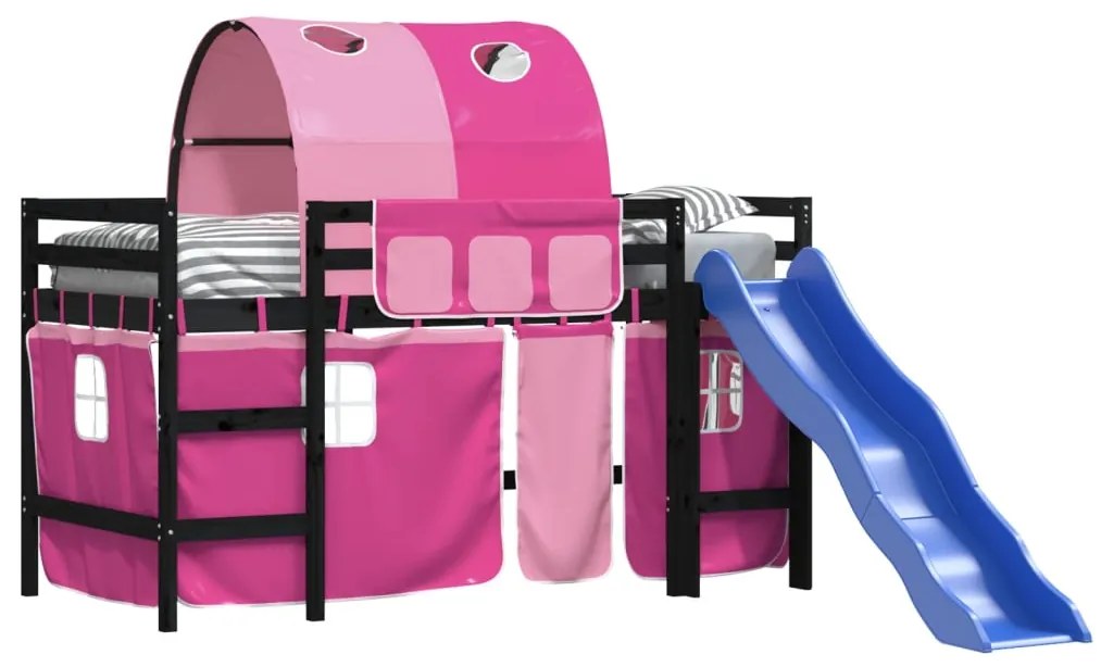 Cama alta para criança com túnel 80x200 cm pinho maciço rosa