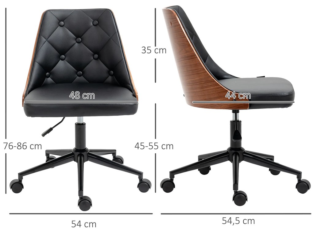 Cadeira de Escritório Giratória Cadeira de Escritório Ergonómica Estofada em Couro PU com Altura Ajustável Função de Inclinação para Sala de Estar Estúdio Dormitório 54x54,5x76-86cm Preto e Nogueira