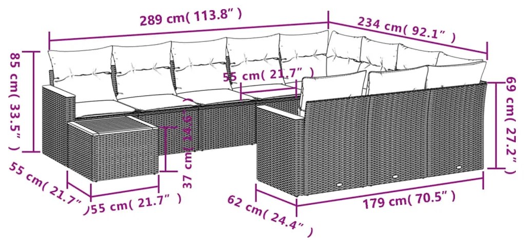 11 pcs conjunto sofás de jardim c/ almofadões vime PE bege
