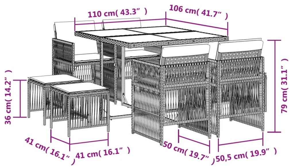 9 pcs conjunto de jantar p/ jardim c/ almofadões vime PE preto