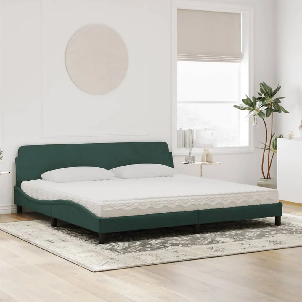 Cama com colchão 200x200 cm veludo verde-escuro