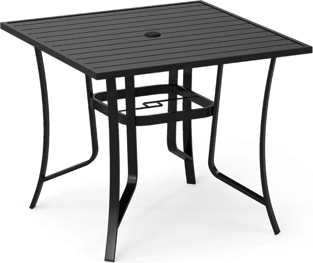 Mesa quadrada de jardim para 4 pessoas com orifício para guarda-sol 91 x 91 x 73 cm, estrutura ajustável em metal, tampo em ripas, ideal para varandas