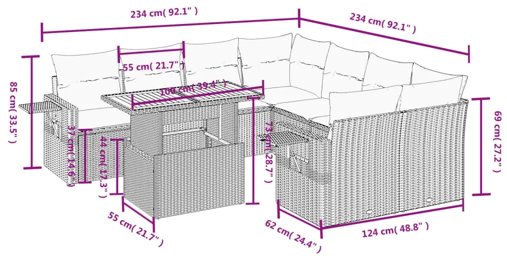 8 pcs conjunto de sofás p/ jardim com almofadões vime PE bege