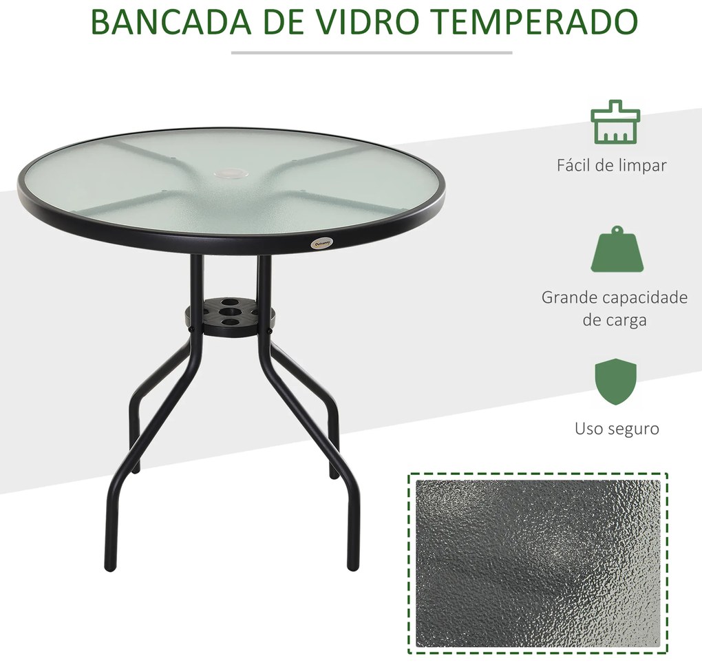Outsunny Mesa de Jardim Redonda Mesa Sala de Jantar de Cristal Temperado com Orifício para Chapéu de Sol Estrutura Metálica para Pátio Terraço Exterior Ø80x72cm Preto