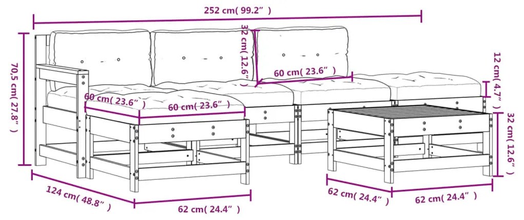 6pcs conj. lounge jardim+almofadões madeira maciça castanho-mel