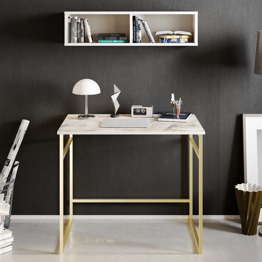 Secretária de Estudo Gama – Branco e Dourado – 90 x 75 x 60 cm