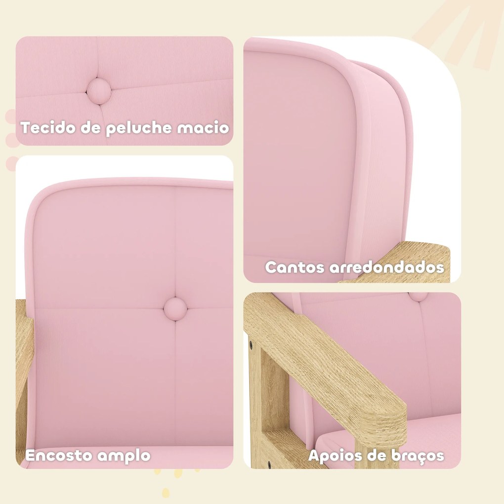 Poltrona Infantil Sofá para Crianças acima de 3 Anos com Tecido Suave de Veludo Cotelê Estrutura de Madeira 46,5x44x45 cm Rosa