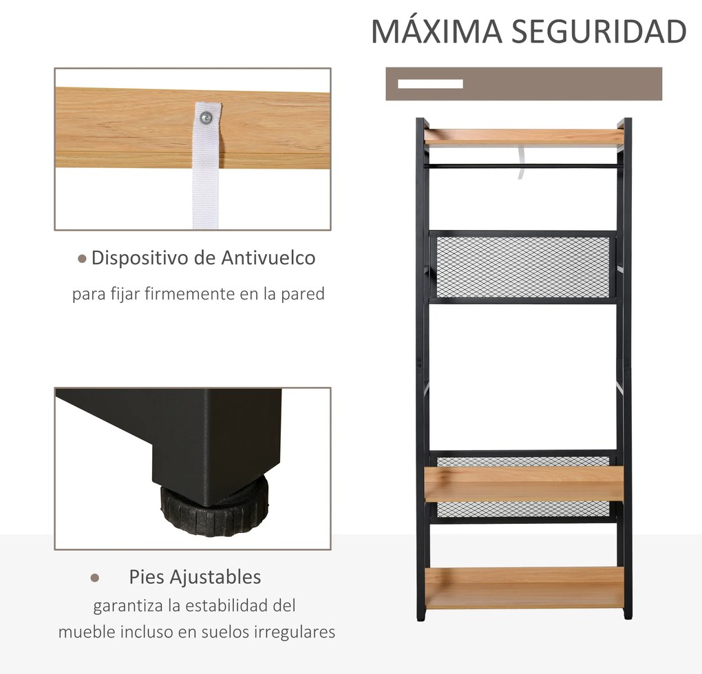 HOMCOM Cabide de entrada 2 em 1 com várias prateleiras e barra para pendurar para corredor Quarto sala de estar 80x40x190 cm Madeira natural preta