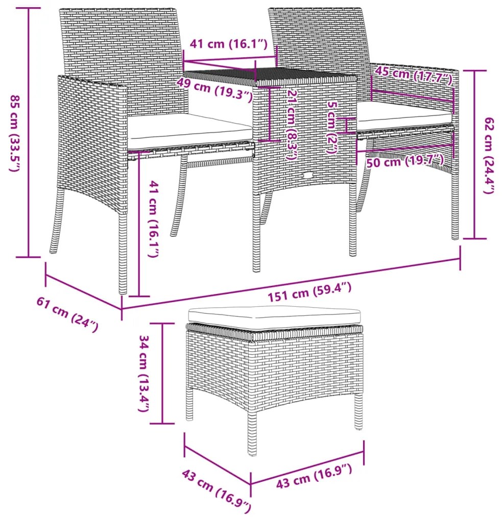 Sofá de jardim de 2 lugares com mesa e bancos vime PE cinzento