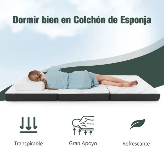 Colchão dobrável em 3 secções 193 x 80 x 10 cm de fibra de bambu e cobertura de tecido respirável com pega Branco e cinzento