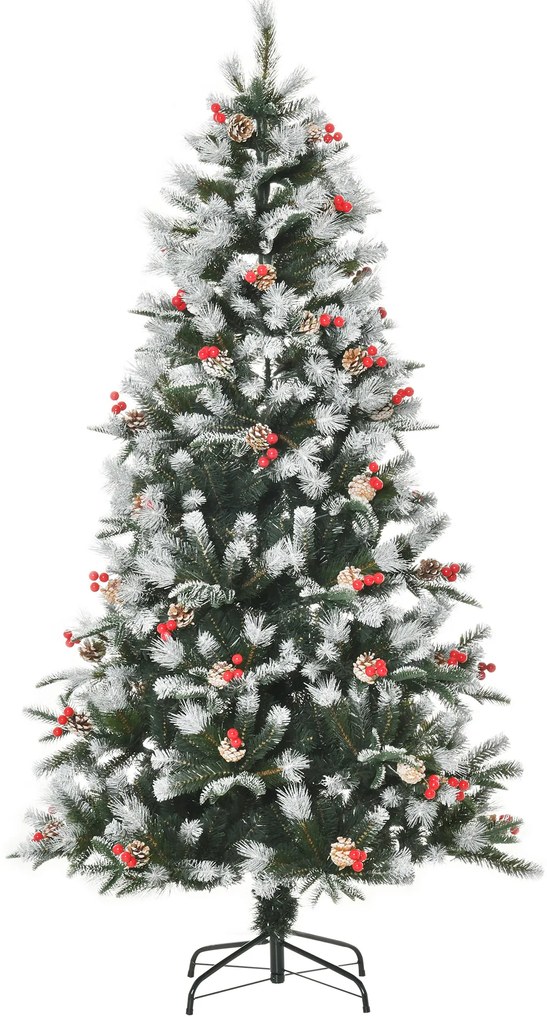 HOMCOM Árvore de Natal Artificial 180cm com 678 Ramas 53 Pinhas e 53 Frutinhas Folhas de PVC PE Base Dobrável e Suporte Metálico Decoração de Natal para Interiores Verde