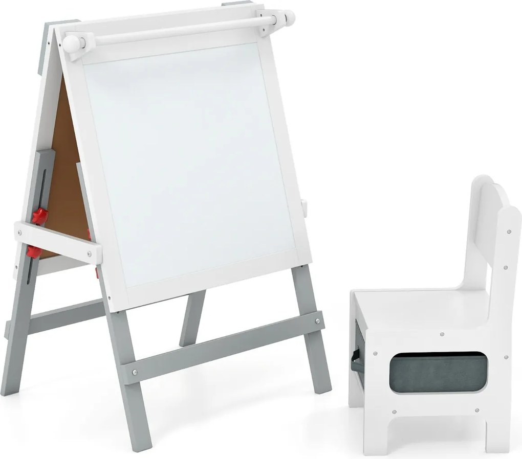 Cavalete infantil reversível 55 x 48 x 75-94 cm com cadeira ajustável com quadro negro e Quadro branco e Porta-papel Cinzento