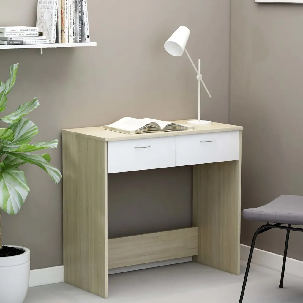 vidaXL Secretária 80x40x75 cm contraplacado branco e carvalho sonoma