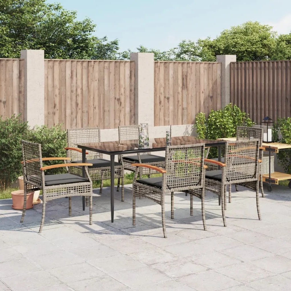 vidaXL 7 pcs conjunto de jantar p/ jardim c/ almofadões vime PE cinza