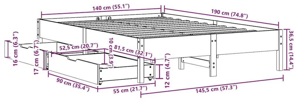 Cama sem colchão 140x190 cm madeira de pinho maciça