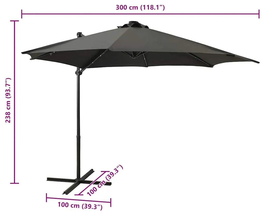Guarda-sol jardim cantilever c/ poste/luzes LED 300cm antracite