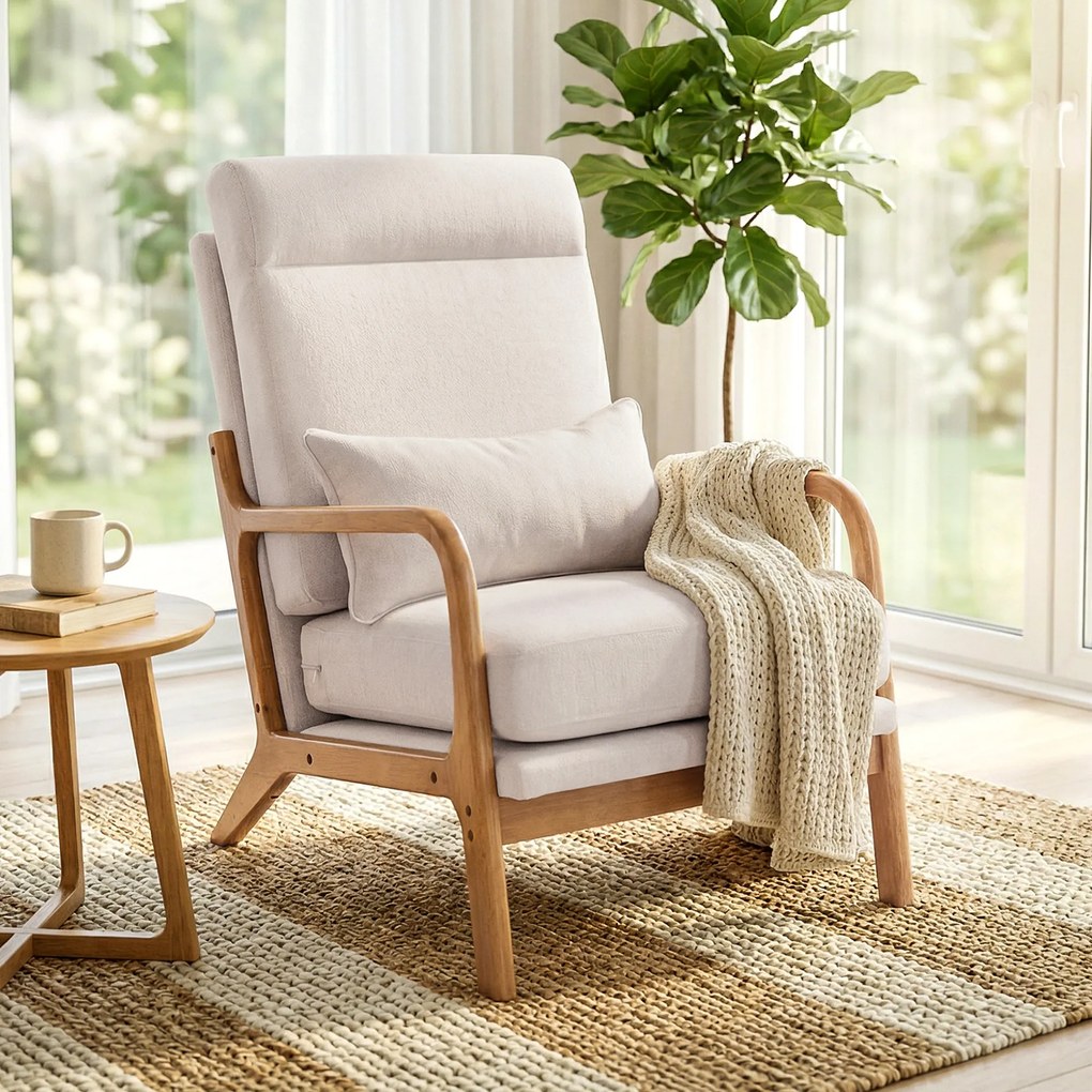 Poltrona de sala, poltrona auxiliar estofada em linho com assento largo, apoio lombar, encosto alto, 64 x 86 x 93 cm, creme
