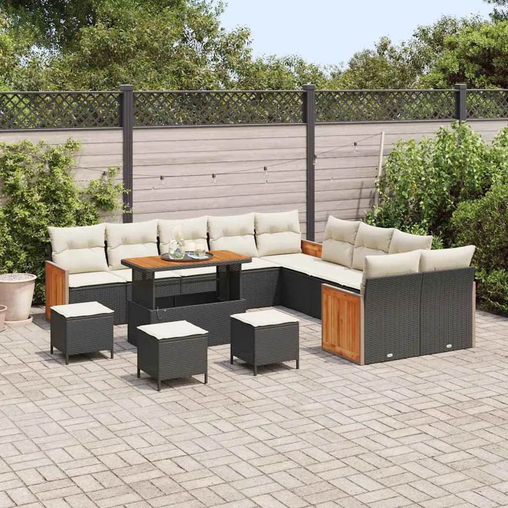 Conjunto de Sofá de Jardim vidaXL 14 peças com Almofadas Preto Vime Si