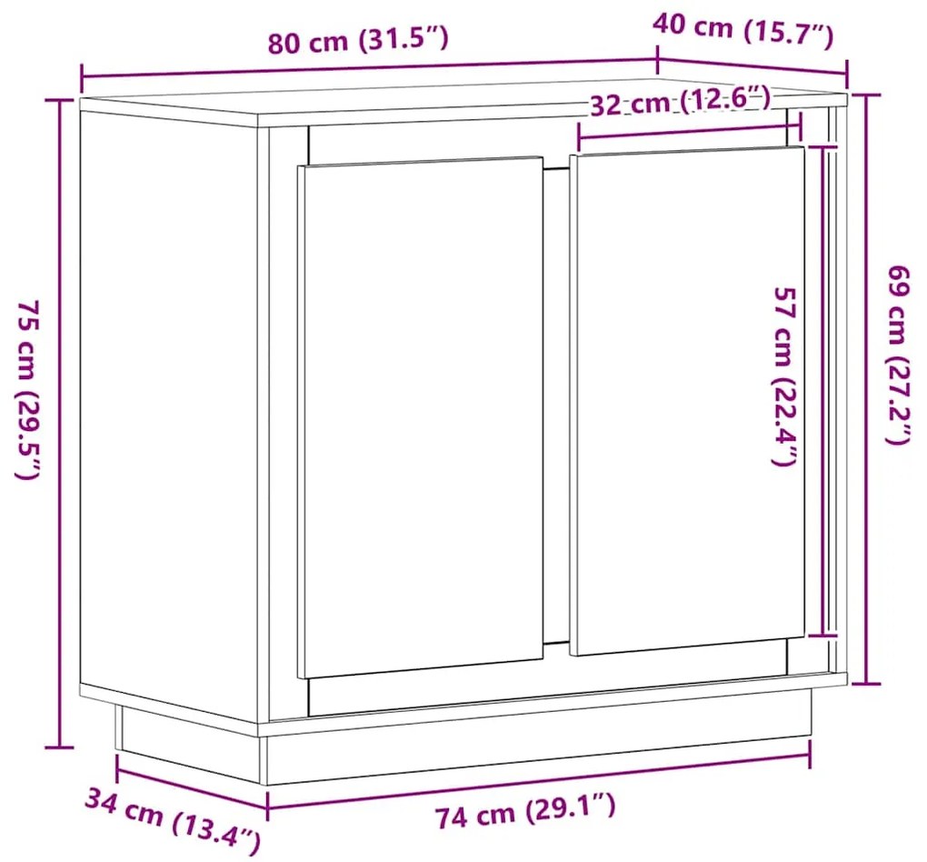 Buffet vidaXL Preto Carvalho 80x34x75 cm Madeira Engenharia