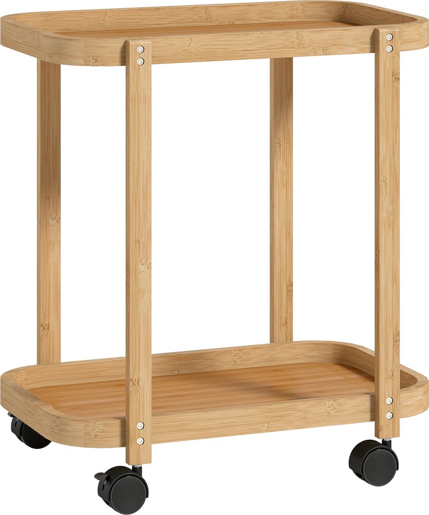 Carrinho de Cozinha de Bambu de 2 Níveis Carrinho Auxiliar para Cozinha com Rodas 2 Prateleiras 54x36,5x60 cm Madeira