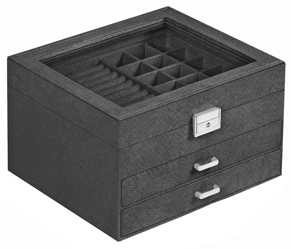 Caixa para joias SONGMICS, vitrine de veludo com 3 níveis e organizador para joias com tampa de vidro transparente, compartimentos variados para colares, pulseiras, anéis, cadeado e chave, cinza JBC158G01