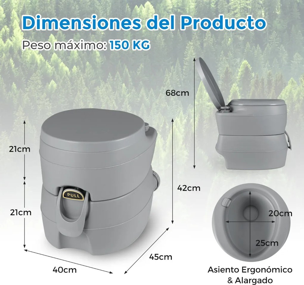 Sanita portátil compacta com tanque de resíduos removível de 20 L Assento à prova de fugas Bomba de descarga para acampar Cinza