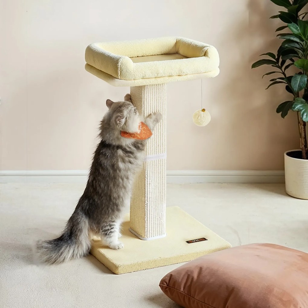 Arranhador para gatos com plataforma de pelúcia de 40 x 30 cm e tronco para arranhar 45 x 40 x 71 cm bege