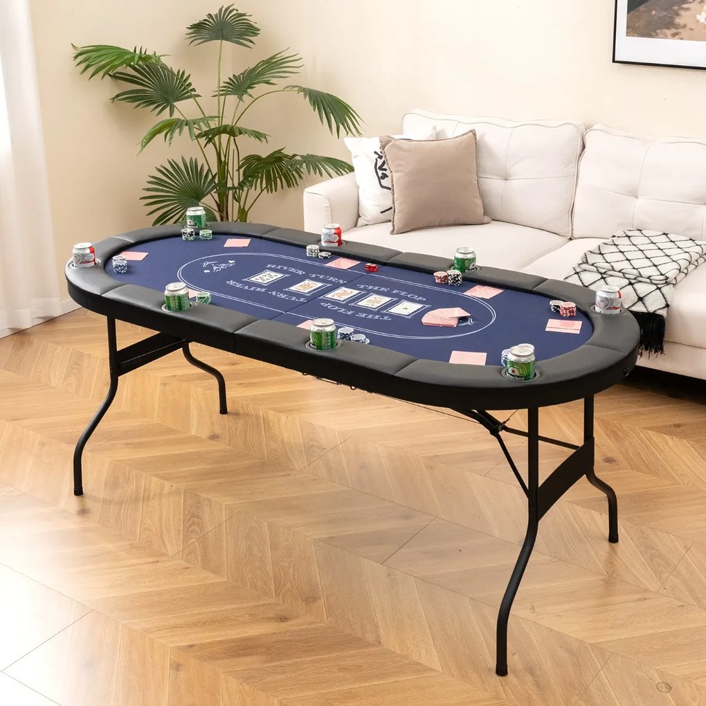 Mesa de póquer dobrável de 182 cm para 8 jogadores oval portátil para jogos com porta-copos e grades acolchoadas para casa Azul